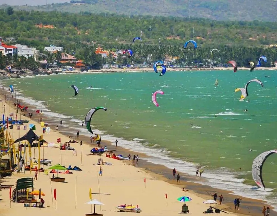 Kites lined up along the beach at Mui Ne
